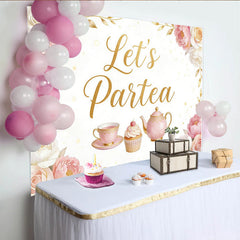 Lofaris Toile de fond goûter d'anniversaire fleurs roses et dorées, arrière-plan de thé avec cupcake, parfait pour fête ou studio photo