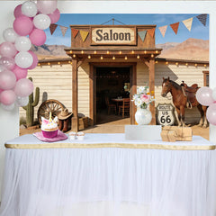 Lofaris Toile de fond de photographie western saloon avec cheval et cactus, arrière-plan rustique désertique pour studio photo