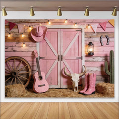 Lofaris Toile de fond de photographie western rose avec porte de grange et bottes, arrière-plan rustique pour studio photo