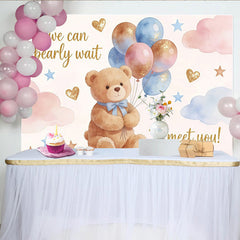 Lofaris Toile de fond pour baby shower ours en peluche rose et bleu avec ballons, décor de fête nuages et étoiles pour révélation du sexe