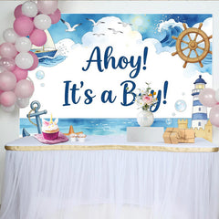Lofaris Toile de fond pour baby shower garçon thème marin avec voilier et ancre, magnifique décor de bienvenue pour nouveau-né et séance photo