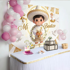 Lofaris Toile de fond pour baptême de garçon avec sombrero et calice doré, élégant décor religieux pour séance photo