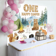 Lofaris Toile de fond pour 1er anniversaire camping et animaux de la forêt, magnifique décor d'aventure pour séance photo et fête d'enfant