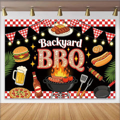 Lofaris Toile de fond de photographie barbecue avec grill et nourriture, arrière-plan festif à carreaux pour fête de jardin