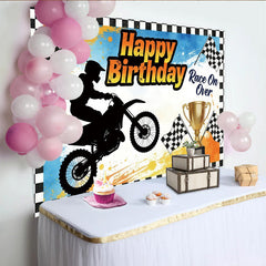 Lofaris Toile de fond anniversaire motocross pour garçon, arrière-plan de course avec trophée pour fête et studio photo