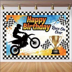 Lofaris Toile de fond anniversaire motocross pour garçon, arrière-plan de course avec trophée pour fête et studio photo