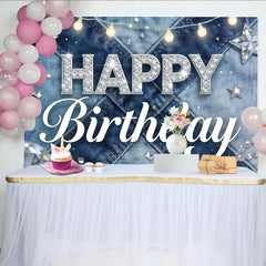 Lofaris Toile de fond anniversaire en jean avec diamants et lumières, magnifique décor de fête étincelant pour célébration et séance photo