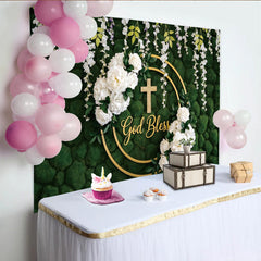 Lofaris Toile de fond baptême mur de mousse vert et fleurs blanches, élégant décor avec inscription God Bless pour studio photo