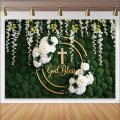Lofaris Toile de fond baptême mur de mousse vert et fleurs blanches, élégant décor avec inscription God Bless pour studio photo