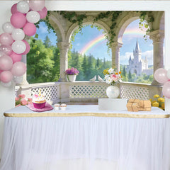 Lofaris Toile de fond de photographie balcon de château avec arc-en-ciel, magnifique décor de paysage romantique pour studio photo
