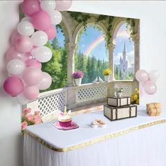 Lofaris Toile de fond de photographie balcon de château avec arc-en-ciel, magnifique décor de paysage romantique pour studio photo