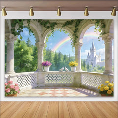Lofaris Toile de fond de photographie balcon de château avec arc-en-ciel, magnifique décor de paysage romantique pour studio photo