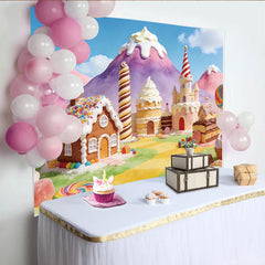 Lofaris Toile de fond pour anniversaire monde de bonbons et sucettes colorées, décor de fête féerique avec château de sucreries pour enfants