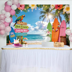 Lofaris Toile de fond de photographie plage tropicale et surf, décor d'été avec palmiers et perroquet pour studio photo