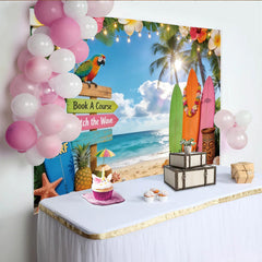 Lofaris Toile de fond de photographie plage tropicale et surf, décor d'été avec palmiers et perroquet pour studio photo