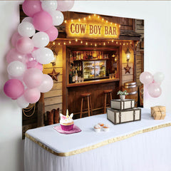 Lofaris Toile de fond de photographie bar western avec chapeau et bottes, rustique arrière-plan de saloon pour studio photo et fête à thème