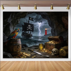 Lofaris Toile de fond de photographie pirate avec trésor et perroquet, arrière-plan d'aventure en mer orageuse pour studio photo