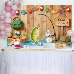 Lofaris Toile de fond pour anniversaire pêche avec canne à pêche et poissons colorés, magnifique décor de scène de lac et bateau