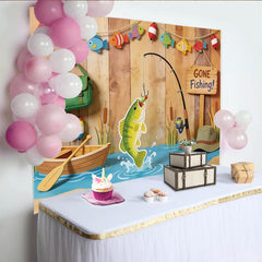 Lofaris Toile de fond pour anniversaire pêche avec canne à pêche et poissons colorés, magnifique décor de scène de lac et bateau