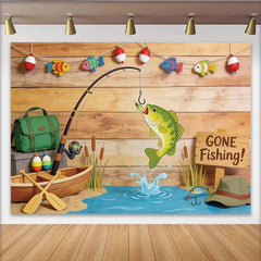 Lofaris Toile de fond de photographie thème pêche rustique avec poisson sautant et bateau, séance photo avec panneau Gone Fishing
