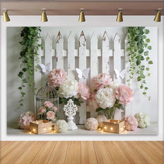 Lofaris Toile de fond de photographie jardin fleuri avec clôture rustique et pivoines roses, arrière-plan pour studio photo et portrait