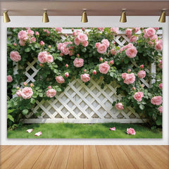 Lofaris Toile de fond de photographie roses roses et treillis blanc, véritable arrière-plan naturel pour studio photo et portrait