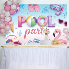 Lofaris Toile de fond pour anniversaire piscine avec flamant rose et ballons, magnifique décor de fête estival pour studio photo