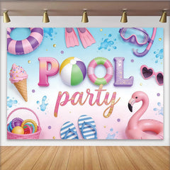 Lofaris Toile de fond pour anniversaire piscine avec flamant rose et ballons, magnifique décor de fête estival pour studio photo