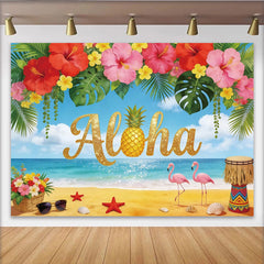 Lofaris Toile de fond de photographie Aloha plage tropicale et ananas, décor avec flamants roses et fleurs d'hibiscus pour studio photo