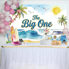 Lofaris Toile de fond pour 1er anniversaire plage avec van et planches de surf, magnifique décor d'été tropical pour séance photo