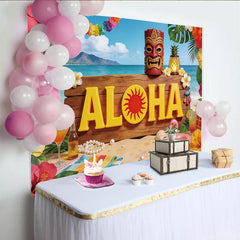 Lofaris Toile de fond pour fête tropicale avec panneau ALOHA et fleurs d'hibiscus, décor de plage estival pour studio photo et événement