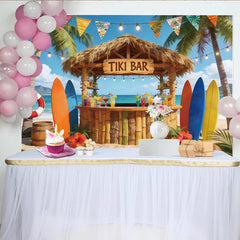 Lofaris Toile de fond de photographie plage tropicale avec bar tiki et palmiers, magnifique arrière-plan estival pour studio et événement d'été