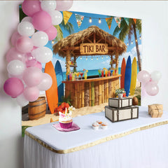 Lofaris Toile de fond de photographie plage tropicale avec bar tiki et palmiers, magnifique arrière-plan estival pour studio et événement d'été