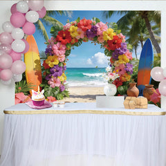 Lofaris Toile de fond de photographie tropicale avec arche florale et palmiers, décor de plage d'été pour studio photo professionnel