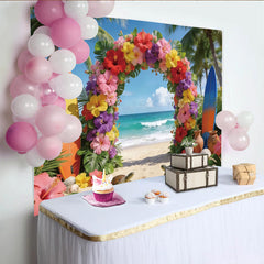 Lofaris Toile de fond de photographie tropicale avec arche florale et palmiers, décor de plage d'été pour studio photo professionnel