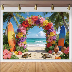 Lofaris Toile de fond de photographie tropicale avec arche florale et palmiers, décor de plage d'été pour studio photo professionnel