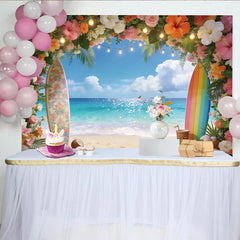 Lofaris Toile de fond de photographie tropicale plage océan, décor estival avec fleurs et planches de surf