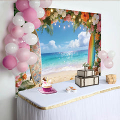 Lofaris Toile de fond de photographie tropicale plage océan, décor estival avec fleurs et planches de surf