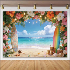 Lofaris Toile de fond de photographie tropicale plage océan, décor estival avec fleurs et planches de surf