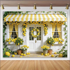 Lofaris Toile de fond de photographie citron façade printanière avec auvent rayé jaune, arrière-plan de studio pour séance photo estivale
