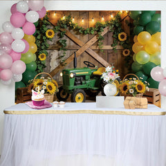Lofaris Toile de fond pour anniversaire tracteur vert avec tournesols et ballons, décor de ferme rustique pour séance photo d'enfants