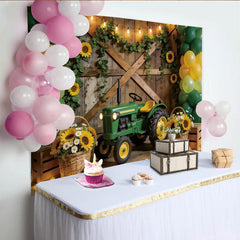 Lofaris Toile de fond pour anniversaire tracteur vert avec tournesols et ballons, décor de ferme rustique pour séance photo d'enfants