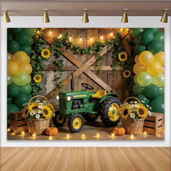 Lofaris Toile de fond pour anniversaire tracteur vert avec tournesols et ballons, décor de ferme rustique pour séance photo d'enfants