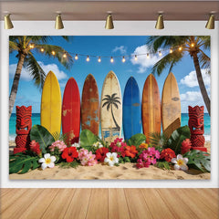 Lofaris Toile de fond plage tropicale avec planches de surf et palmiers lumineux, superbe décor d'été pour séance photo et ambiance hawaïenne