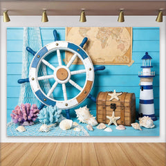 Lofaris Toile de fond de photographie thème marin avec roue de bateau et phare, arrière-plan bleu pour studio photo et décoration