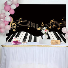 Lofaris Toile de fond noire et or avec clavier de piano et notes de musique, élégant arrière-plan pour studio photo ou événement festif