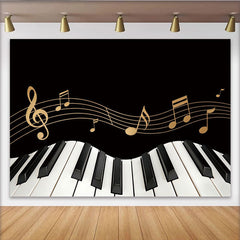 Lofaris Toile de fond noire et or avec clavier de piano et notes de musique, élégant arrière-plan pour studio photo ou événement festif