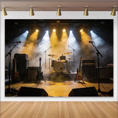 Lofaris Toile de fond de scène de concert avec guitares et batterie, arrière-plan fumée et lumières pour studio photo