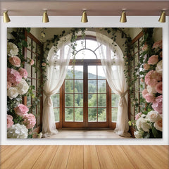 Lofaris Toile de fond de photographie fenêtre arquée florale avec roses et lierre, magnifique décor de studio pour portrait et événement