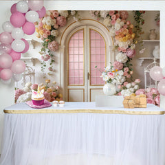 Lofaris Toile de fond florale rose et blanche avec porte arquée, élégant arrière-plan romantique pour studio photo et événement